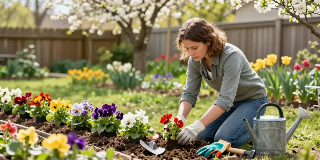 Garden planting scene with vibrant flowers and a gardener in action.