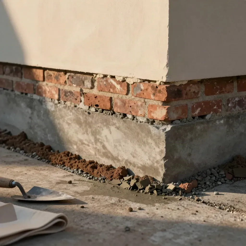 Fondazione di casa ripristinata con sottofondazione nuova e terreno umido ordinato.