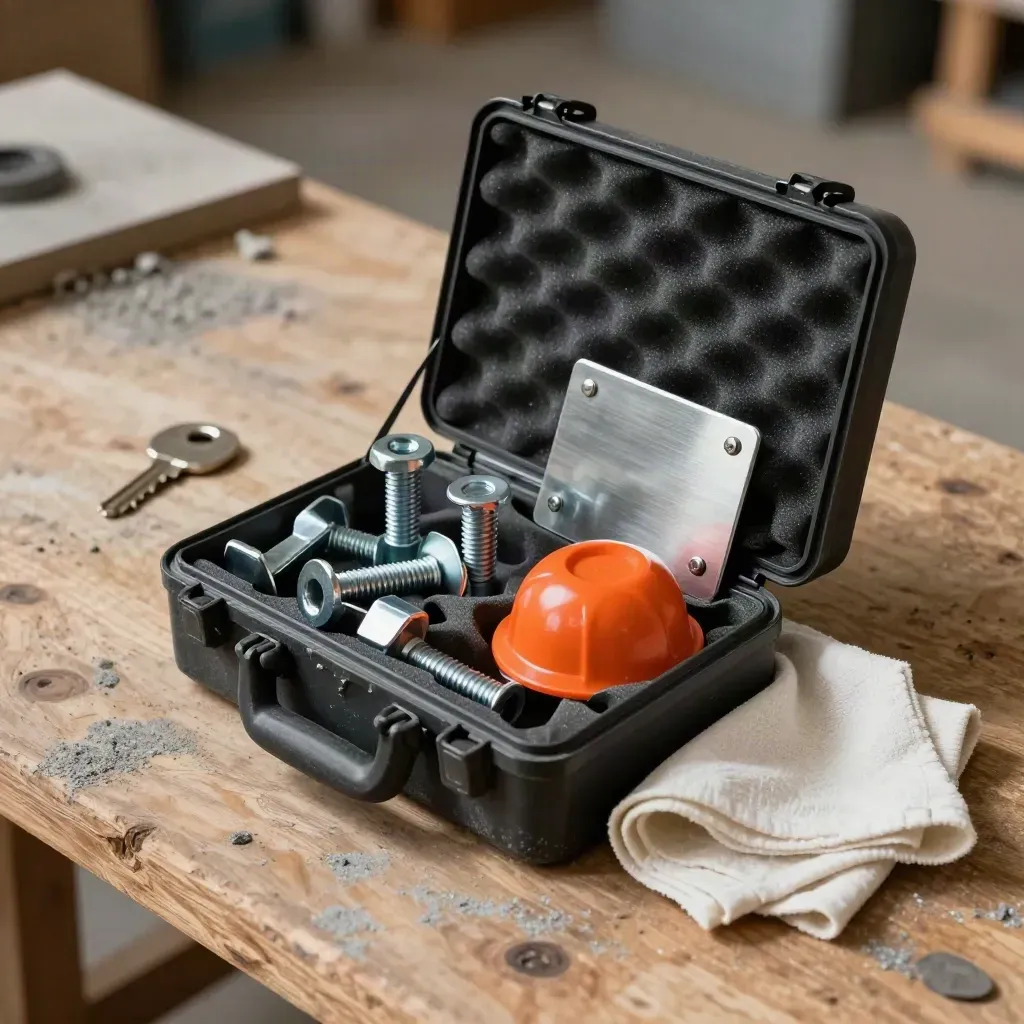 Kit di coordinamento lavori su banco in legno con clip metalliche, ancoraggi e cappuccio arancio.