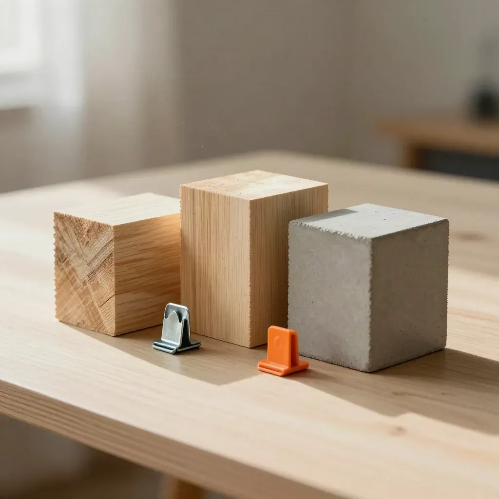 Tre campioni di legno con clip metalliche su fondo chiaro, stile tecnico